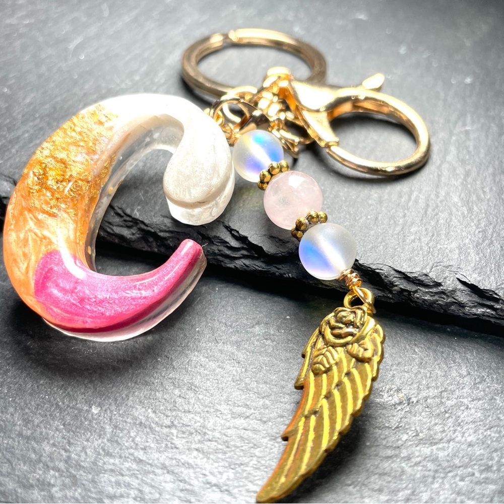 Custom Orange and Pink Letter “C”Keychain with Rose Quartz and Gold Wing Charm - Picture 6 of 9